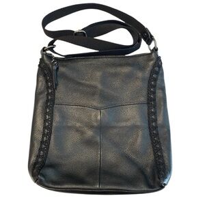 The Sak Black Leather Crossbody Shoulder Bag Timeless Appeal Crochet Accent EUC